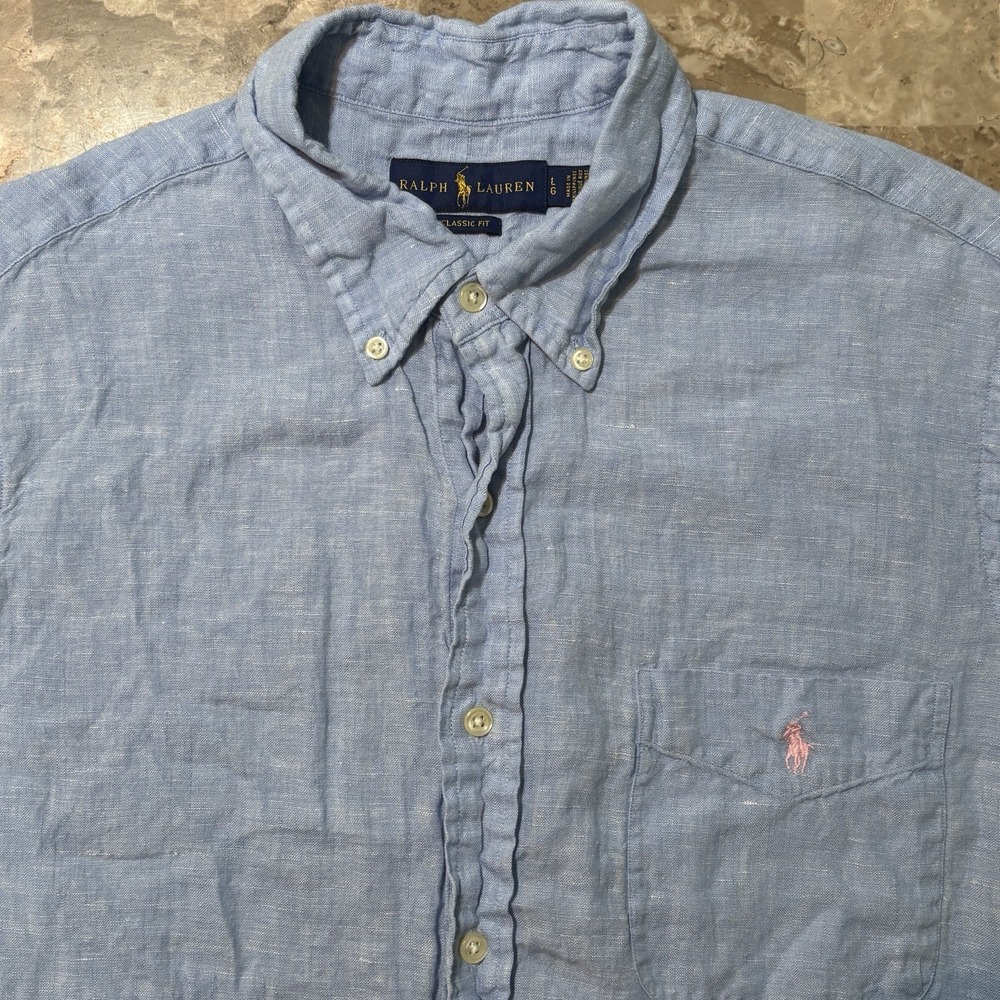 Polo Ralph Lauren Shirt Mens Large Classic Blue Short Sleeve 100% Linen Button